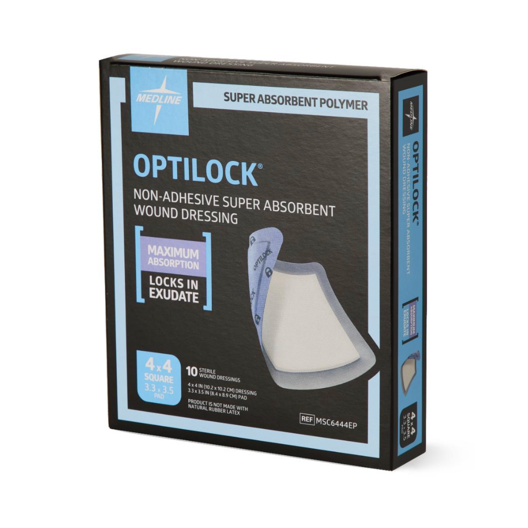 A box of Medline OptiLock Nonadhesive Super Absorbent Wound Dressings offers maximum absorption and locks in exudate. Ideal for pressure injury care, each box contains 10 sterile 4.4-inch square non-adherent dressings.