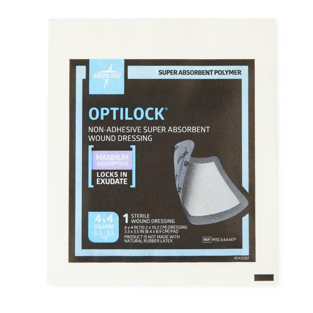 A package of Medline OptiLock Nonadhesive Super Absorbent Wound Dressings (4 x 4 inch), with features like “locks in exudate,” a non-adherent layer, and a pad illustration—ideal for pressure injury dressing needs.