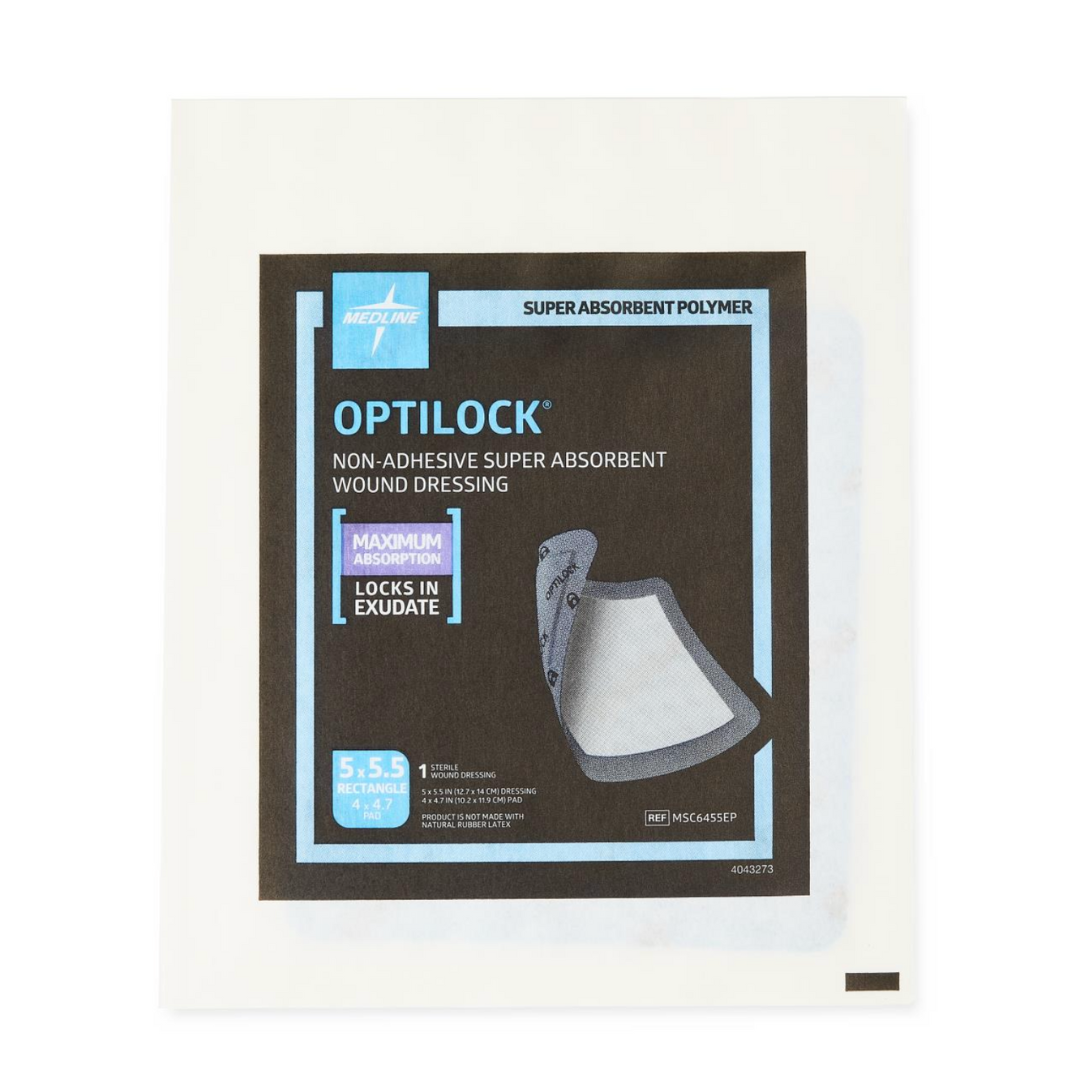 A Medline OptiLock Nonadhesive Super Absorbent Wound Dressing is shown, with product details and image on the front. The label notes maximum absorption, non-adherent protection, and a 5.5 x 4.7 inch size for pressure injury care.