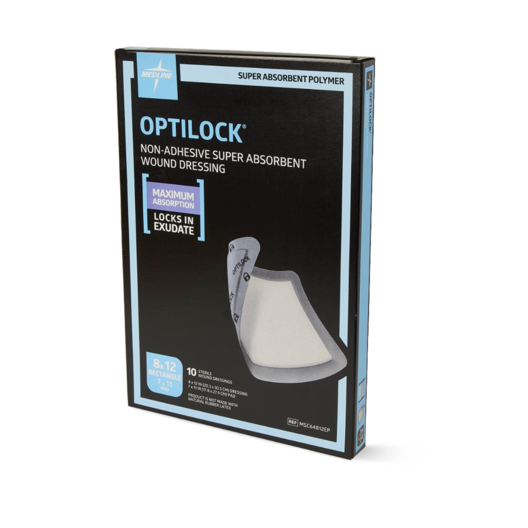 Medline OptiLock Nonadhesive Super Absorbent Wound Dressings, 8 x 12 in, shown with key features and blue/black packaging, are ideal for use as pressure injury dressings.
