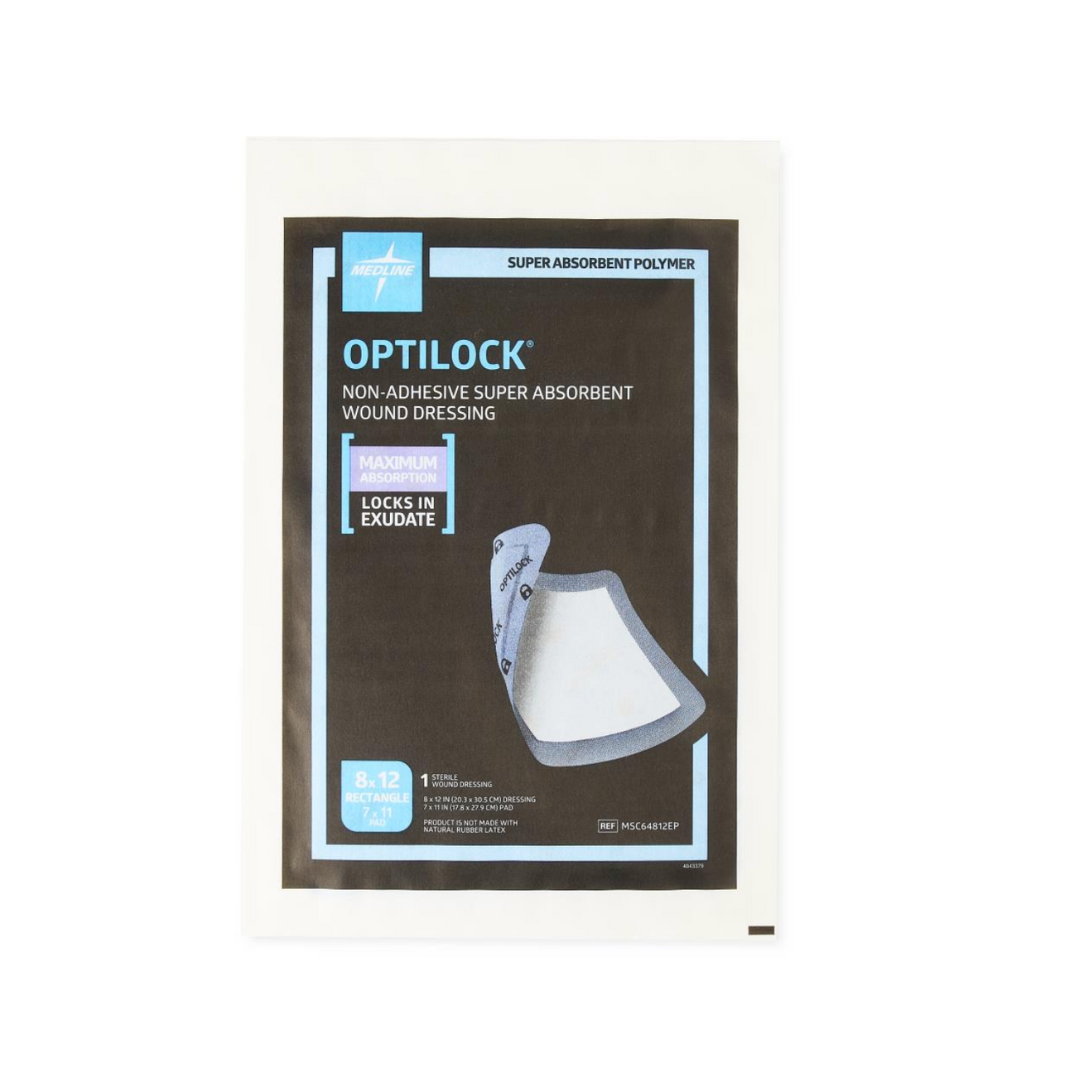 A packet of Medline OptiLock Nonadhesive Super Absorbent Wound Dressings, with product details and an illustration of this non-adherent dressing for pressure injury care on the front.