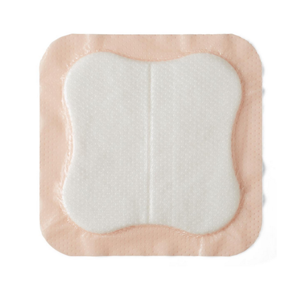 A square, flesh-colored Medline Optifoam Gentle LQ Silicone-Faced Foam Wound Dressing with rounded corners and a white cushioned pad in the center, viewed from above on a white background.