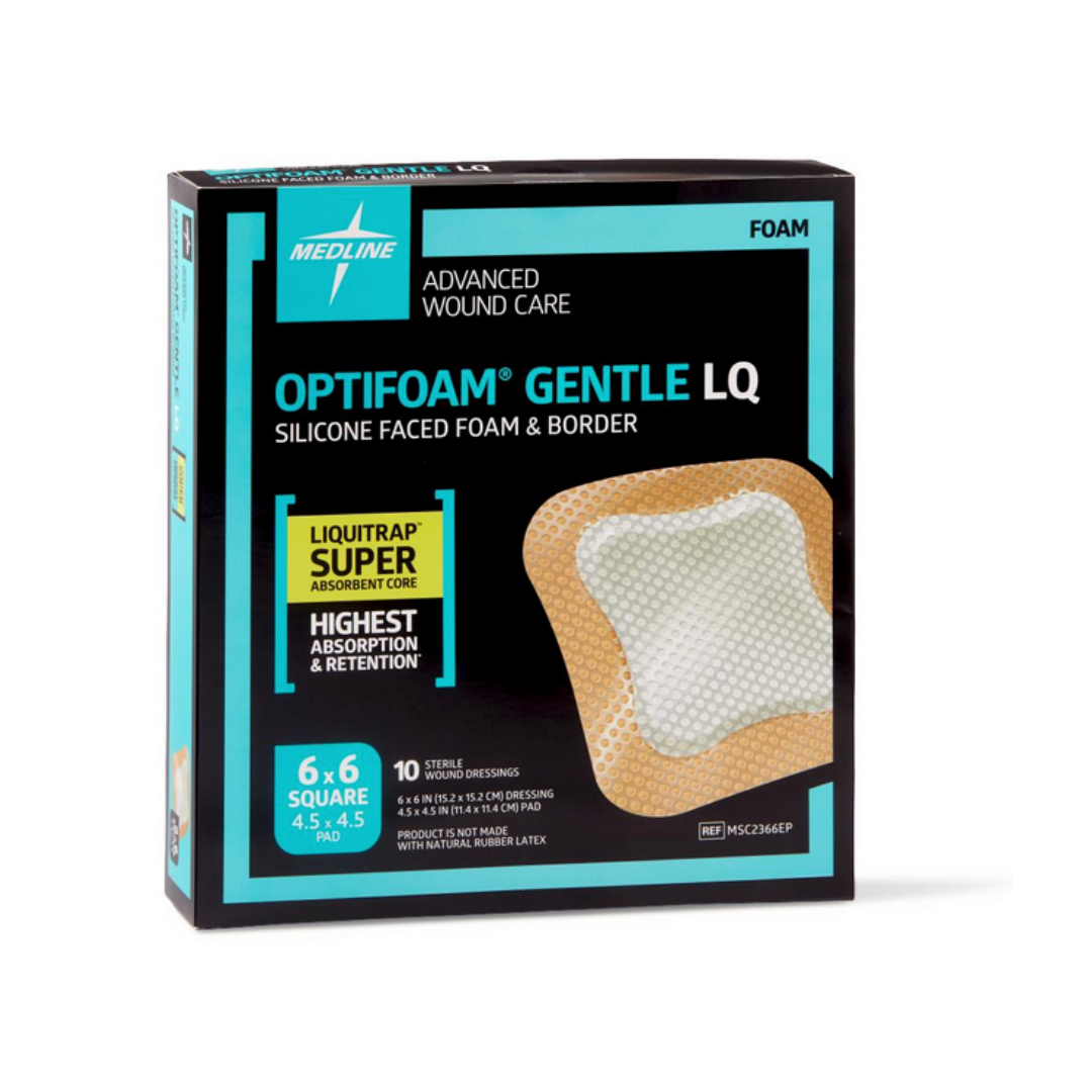 A box of Medline Optifoam Gentle LQ Silicone-Faced Foam Wound Dressings for advanced wound care, displaying an image of the dressing and product details on the front.