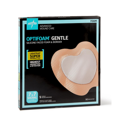 A box of Medline Optifoam Gentle LQ Silicone-Faced Foam Wound Dressings, 7x7 sacral size with Liquitrap Super absorbency, features a heart-shaped dressing image on the front for superior wound care.