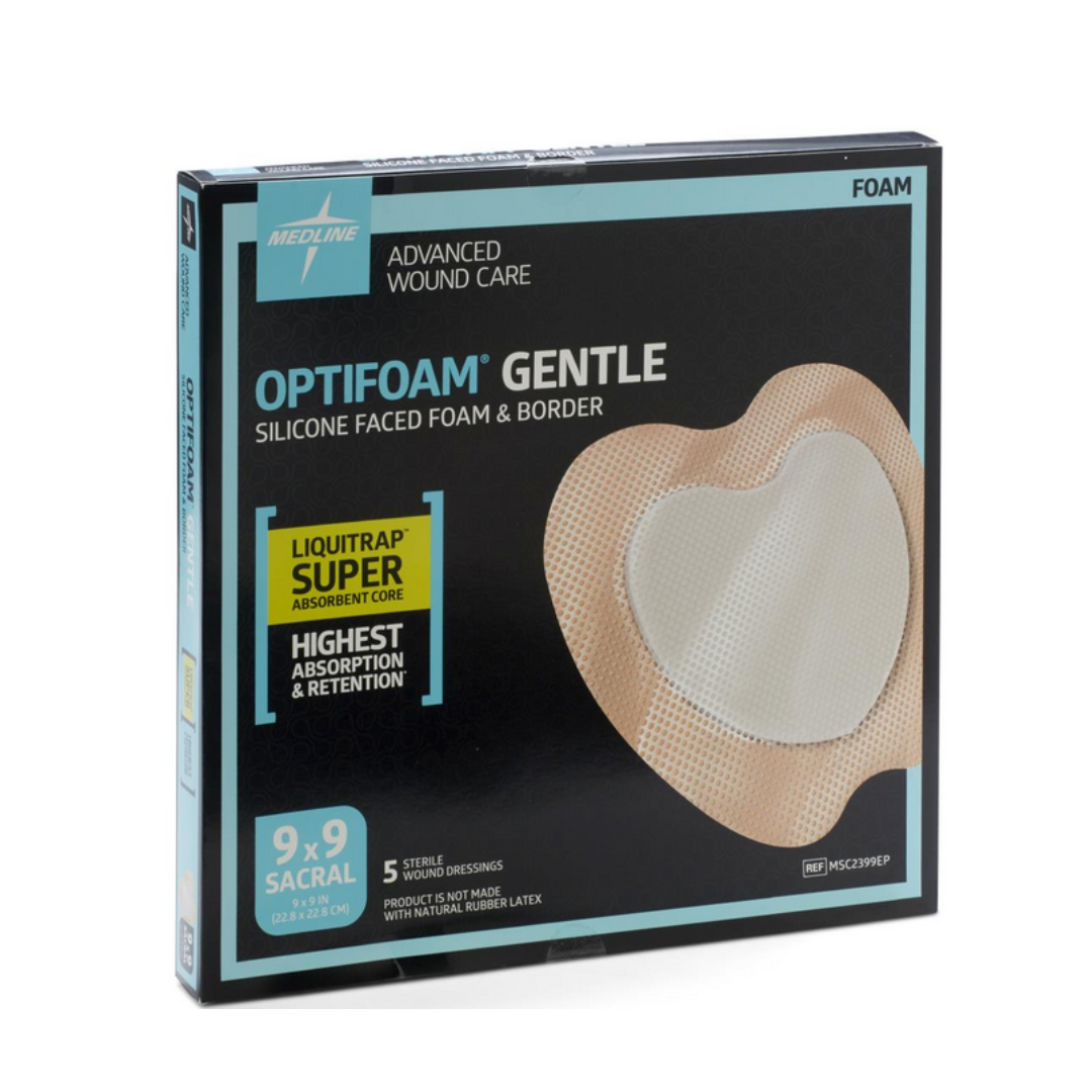 A box of Medline Optifoam Gentle LQ Silicone-Faced Foam Wound Dressings, 9x9 sacral size, superabsorbent core, silicone border, with top absorption and retention claims on the packaging.