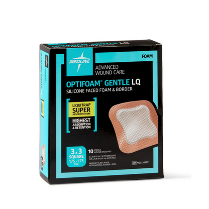 A box of Medline Optifoam Gentle LQ Silicone-Faced Foam Wound Dressings contains 10 dressings (3x3 inches) with a silicone border and high-absorption Liquitrap Super, designed for moisture management and comfort.