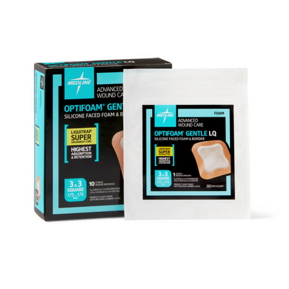 A box and a single packet of Medline Optifoam Gentle LQ Silicone-Faced Foam Wound Dressings, with blue, black, and white labels and images of the dressing on the packaging.
