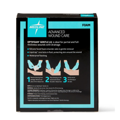 A black and teal box of Medline Optifoam Gentle LQ Silicone-Faced Foam Wound Dressings with a silicone border, displaying application instructions and product details on the front.