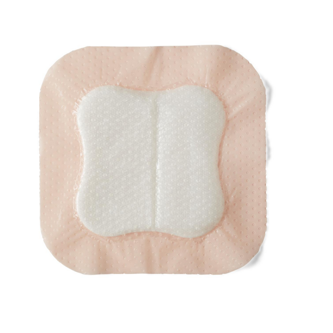Medline Optifoam Gentle LQ Silicone-Faced Foam Wound Dressing shown: a square adhesive bandage with a peach-colored silicone border and a white, cushioned, butterfly-shaped central pad on a white background.