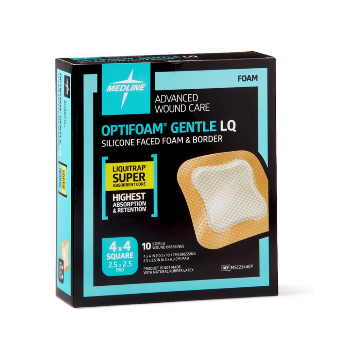 A box of Medline Optifoam Gentle LQ Silicone-Faced Foam Wound Dressings (4x4 in, 10 count) is shown with product photo, highlighting its silicone facing and superabsorbency for advanced wound care.