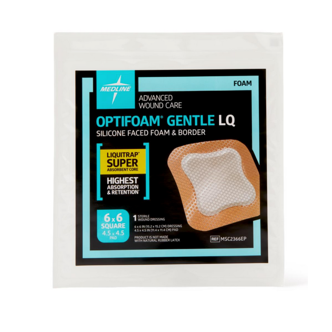 A package of Medline Optifoam Gentle LQ Silicone-Faced Foam Wound Dressings, showing the 6x6 inch dressing, product details, and highlighting its Liquitrap super absorbent core.