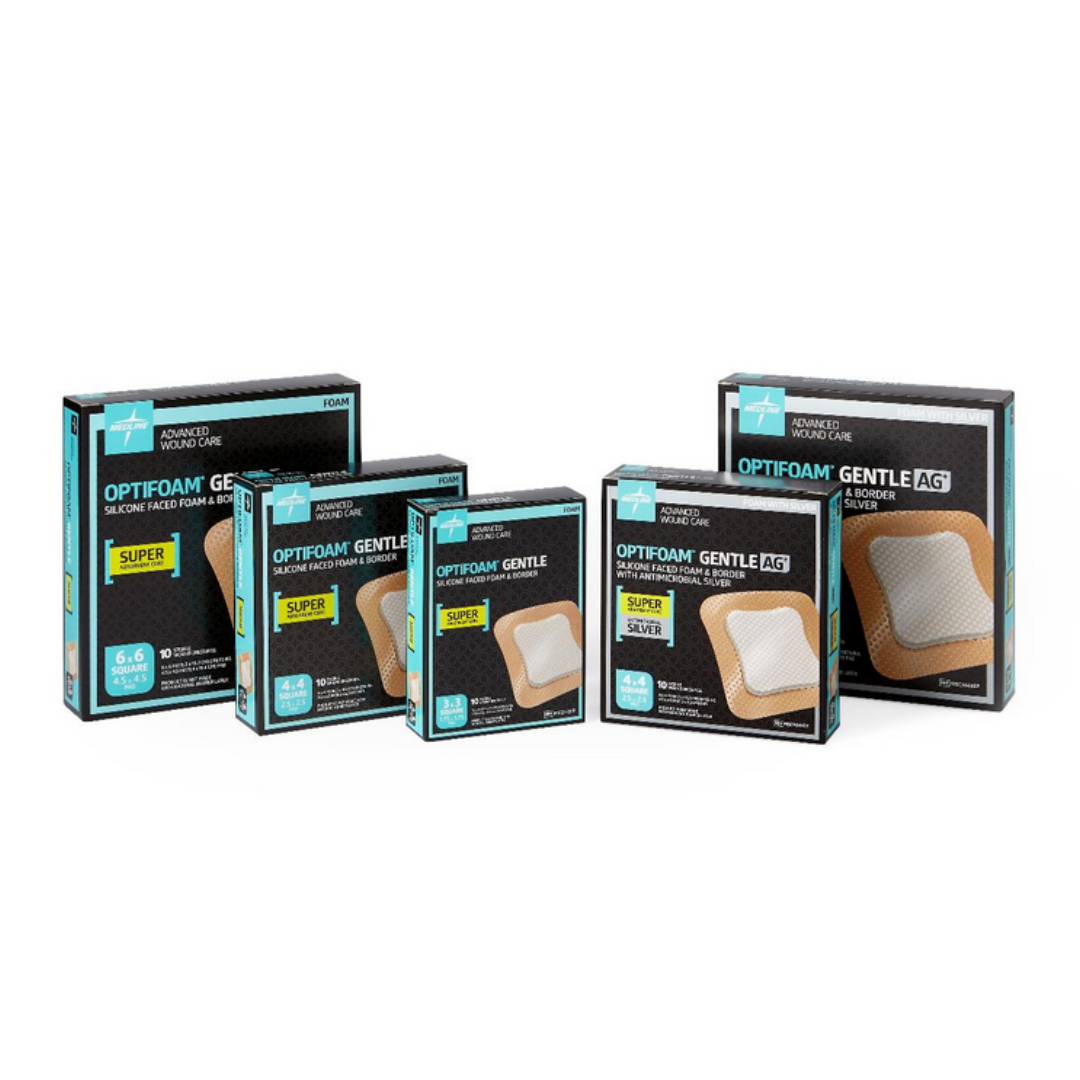 Five boxes of Medline Optifoam Gentle SA Silicone-Faced Foam Wound Dressings are arranged in a row. The black and teal packaging highlights silicone adhesive and a superabsorbent core for advanced wound care in multiple sizes.