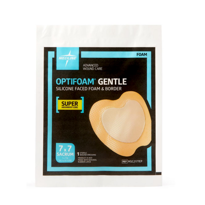 A package of Medline Optifoam Gentle SA Silicone-Faced Foam Wound Dressings, 7x7 inches for the sacrum, is displayed on a white background. The mostly white packaging features blue and black accents for advanced wound care.