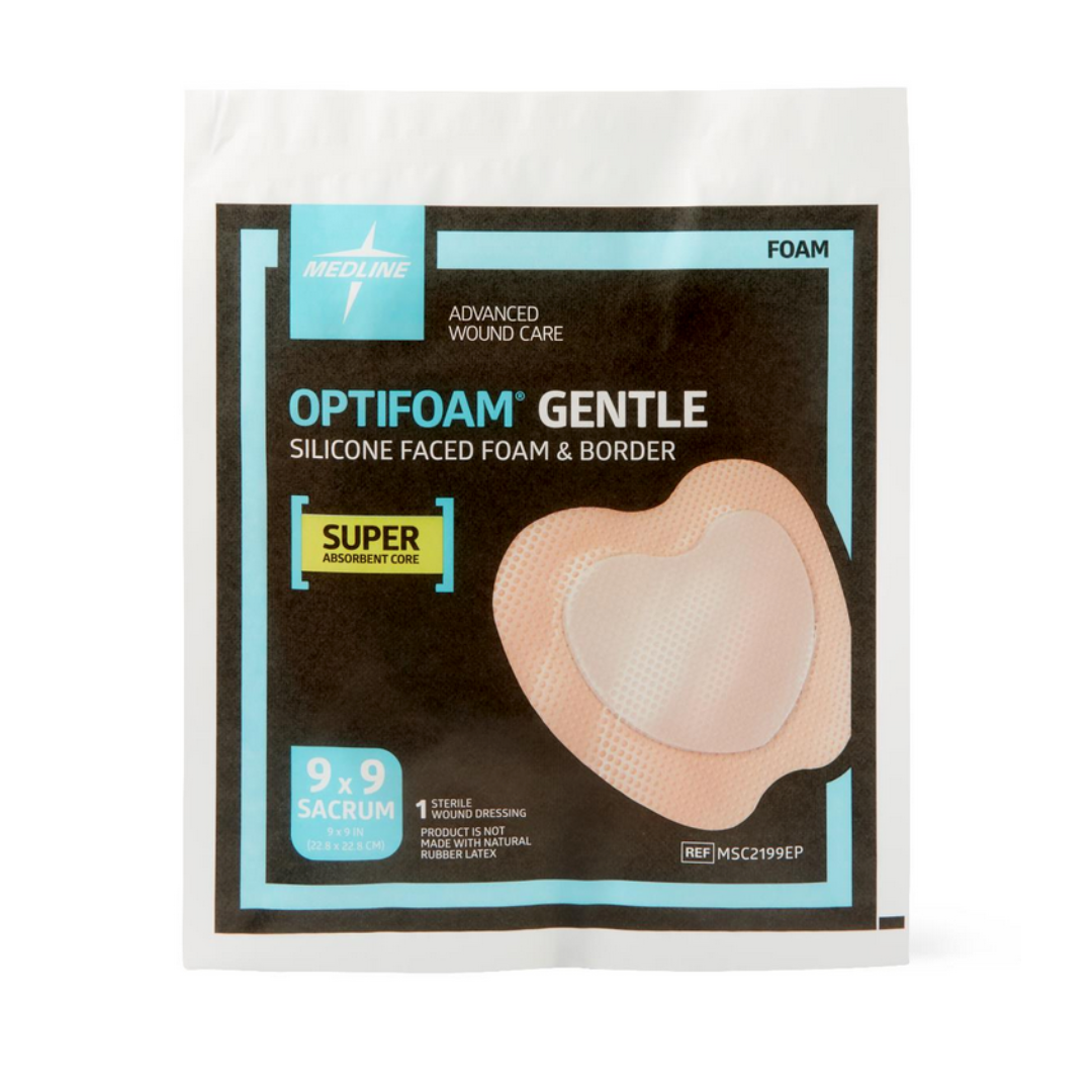 A mostly white package with black and teal accents contains Medline Optifoam Gentle SA Silicone-Faced Foam Wound Dressings, 9x9 cm, featuring a heart-shaped dressing image—ideal for advanced wound care.