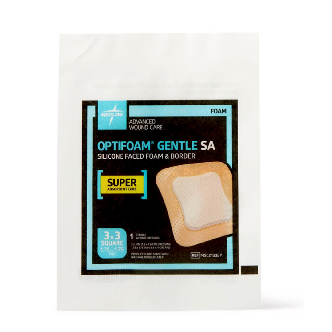 A white packet labeled Medline Optifoam Gentle SA Silicone-Faced Foam Wound Dressings features a foam dressing with a superabsorbent core, silicone adhesive, and an image of the dressing on the front.