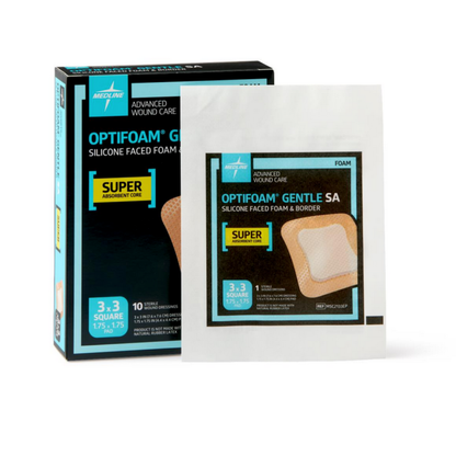 A box and packet of Medline Optifoam Gentle SA Silicone-Faced Foam Wound Dressings, featuring a superabsorbent core and 3.3-inch square size labels on the packaging.