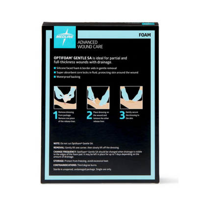 A box of Medline Optifoam Gentle SA Silicone-Faced Foam Wound Dressings features illustrated and written instructions for applying the superabsorbent dressings to wounds with drainage.