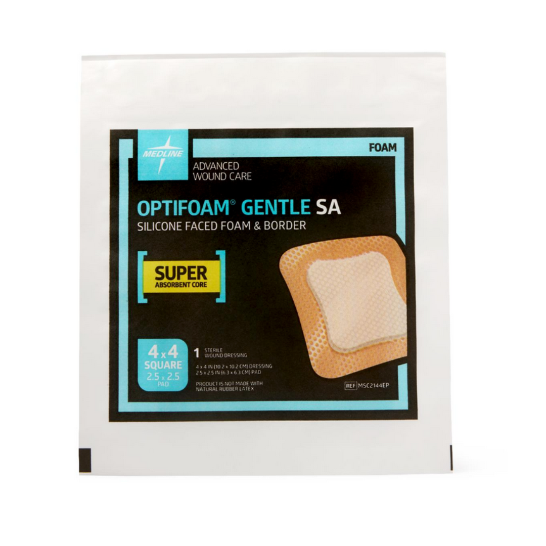 A white package labeled Medline Optifoam Gentle SA Silicone-Faced Foam Wound Dressings displays a 4 x 4 inch size, superabsorbent core, silicone adhesive, and an image of the foam dressing on the front.