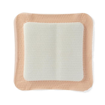 Medline Optifoam Gentle SA Silicone-Faced Foam Wound Dressing is a square adhesive bandage with a beige border, white padded center, and silicone adhesive for wound coverage and protection.