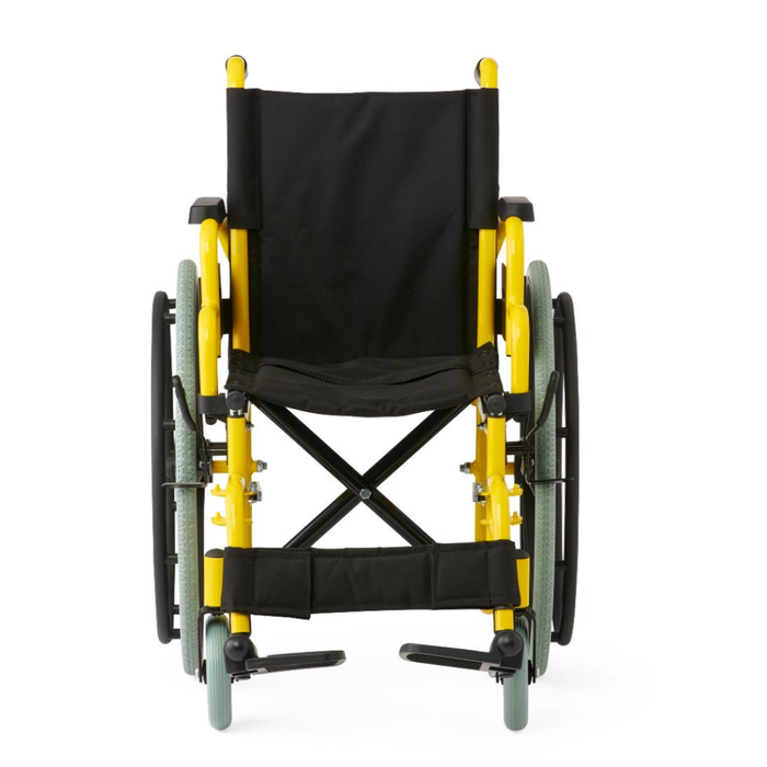 A front-facing view of the Medline Pediatric Kidz Guardian Wheelchairs featuring a yellow frame, black seat and backrest, light green wheels, and adjustable features set against a white background.