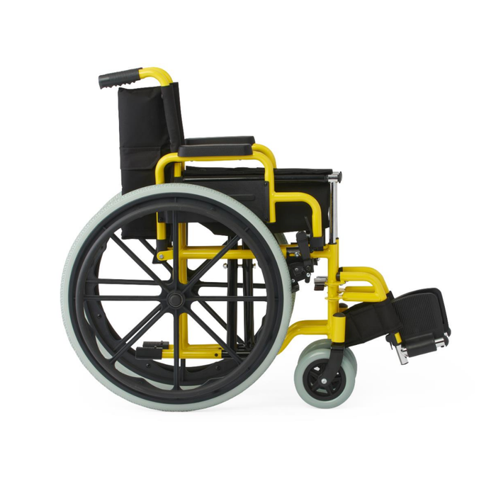 The Medline Pediatric Kidz Guardian Wheelchair is shown from the side on a white background. It features a bright yellow frame, black seat, armrests, large black wheels, and black footrests, with adjustable features for comfort.
