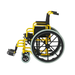 The Medline Pediatric Kidz Guardian Wheelchair, shown from the side on a white background, features a yellow and black design, large rear wheels, small front wheels, and adjustable components.