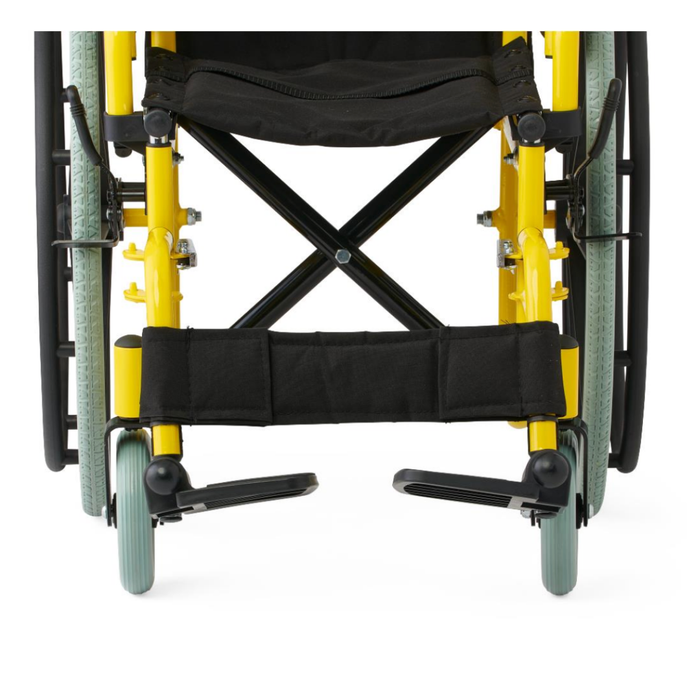 Front view of the Medline Pediatric Kidz Guardian Wheelchair in yellow with light green wheels, black seat fabric, and footrests on a white background, highlighting its adjustable comfort and safety features.