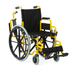 The Medline Pediatric Kidz Guardian Wheelchair features a yellow frame, large black rear wheels, small front wheels, black seat and backrest, footrests, and adjustable comfort and safety features.