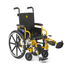 The Medline Pediatric Kidz Guardian Wheelchair features a yellow and black design, large rear wheels, adjustable leg supports and armrests, a smiley face on the backrest, plus safety and comfort adjustments for children’s mobility needs.