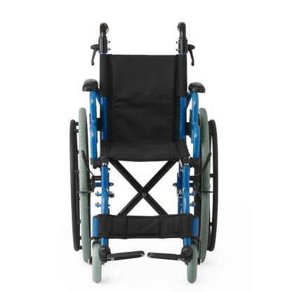 The Medline Pediatric Kidz Guardian Wheelchair, featuring a blue frame, black seat and armrests, green tires, adjustable parts, footrests, and large rear wheels, is shown from the front on a white background.