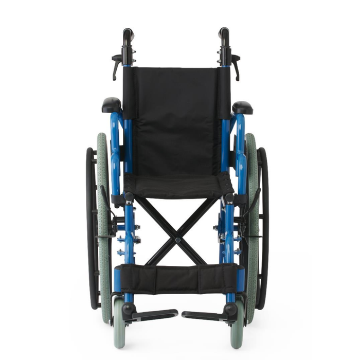 The Medline Pediatric Kidz Guardian Wheelchair, featuring a blue frame, black seat and armrests, green tires, adjustable parts, footrests, and large rear wheels, is shown from the front on a white background.