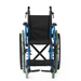 The Medline Pediatric Kidz Guardian Wheelchair, featuring a blue frame, black seat and armrests, green tires, adjustable parts, footrests, and large rear wheels, is shown from the front on a white background.