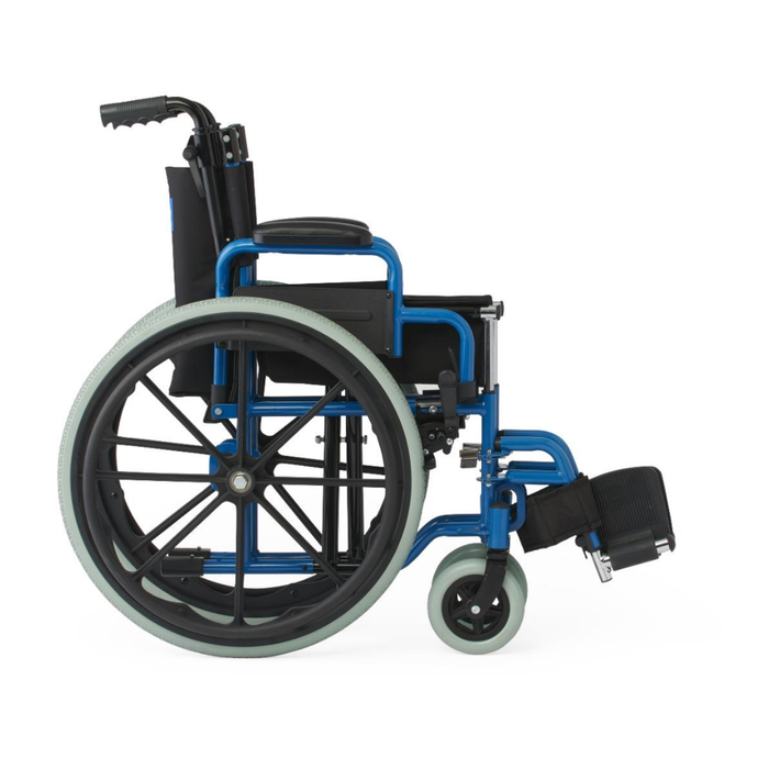 The Medline Pediatric Kidz Guardian Wheelchair, in blue and black, is shown from the side with large rear wheels, small front wheels, armrests, adjustable features, and a footrest with leg supports against a plain white background.