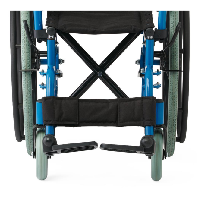 A close-up, front view of the Medline Pediatric Kidz Guardian Wheelchair highlights its blue frame, footrests, crossed support bars, large rubber wheels, and adjustable features.