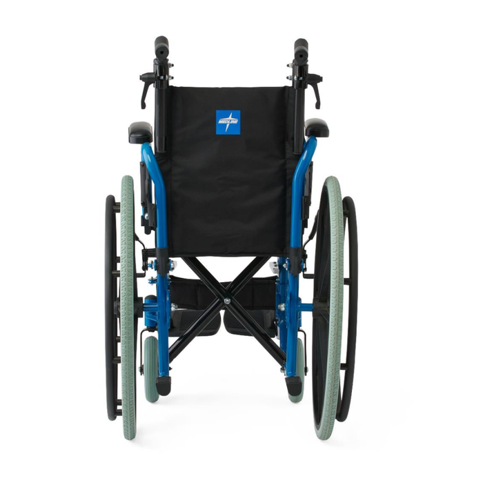 The Medline Pediatric Kidz Guardian Wheelchair is shown from the back, featuring large rear wheels, small front casters, push handles, and a black seat with a blue and white label. Designed with adjustable features for comfort.