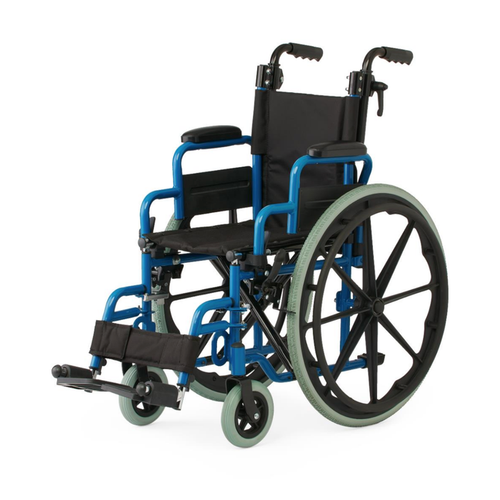 The Medline Pediatric Kidz Guardian Wheelchair, in blue with black seat and backrest, features armrests, large rear wheels, small front wheels, adjustable comfort options, and footrests; shown on a white background.