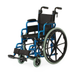 The Medline Pediatric Kidz Guardian Wheelchair, in blue with black seat and backrest, features armrests, large rear wheels, small front wheels, adjustable comfort options, and footrests; shown on a white background.