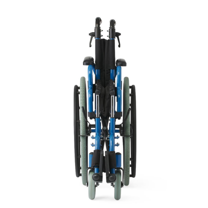 A Medline Pediatric Kidz Guardian Wheelchair, shown folded from the front, has its wheels and footrests close together for compact storage or transport. Adjustable features provide added comfort and convenience for young users.