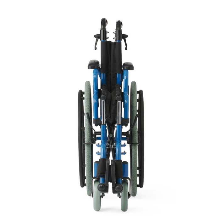 A Medline Pediatric Kidz Guardian Wheelchair, shown folded from the front, has its wheels and footrests close together for compact storage or transport. Adjustable features provide added comfort and convenience for young users.