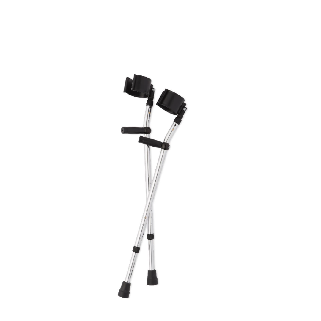 A pair of Medline Premium Forearm Crutches with black handles and arm supports are crossed against a white background.