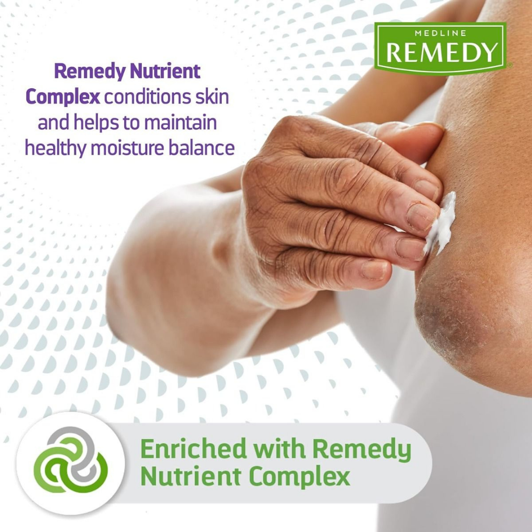 A person applies skin cream to their elbow. Text reads: Medline Remedy Clinical Skin Cream - Full Body Lotion deeply conditions and hydrates, supporting healthy moisture balance for lasting comfort. Medline Remedy branding is visible.