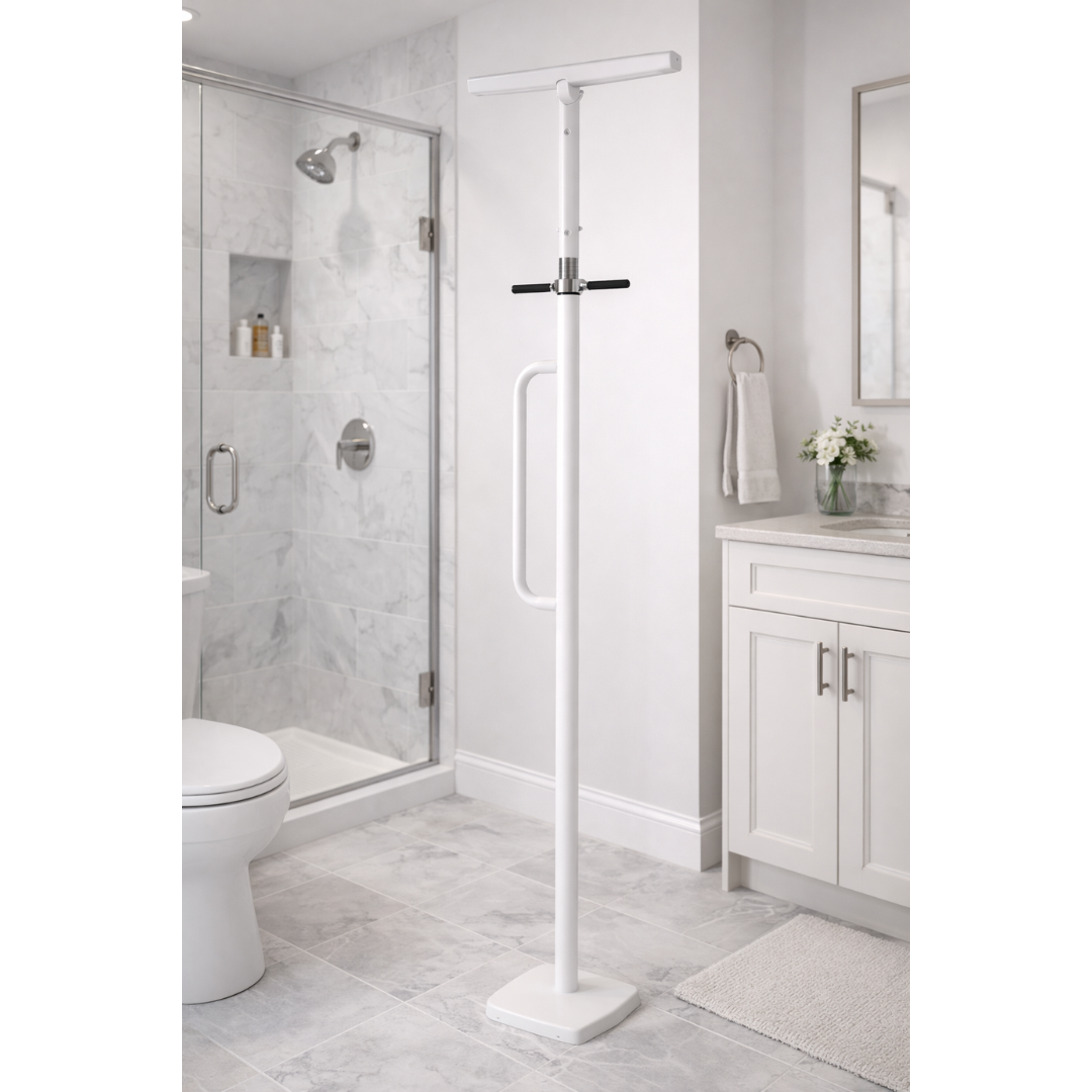 A Medline Security Pole with Handle - Fall Prevention Standing Aid (white, horizontal grab bar) is installed in this modern bathroom between the glass shower, toilet, and towel-adorned vanity.
