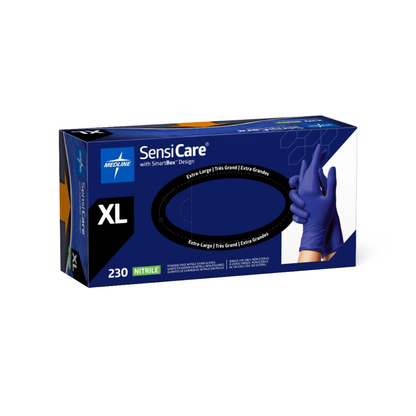 Box of Medline SensiCare Powder-Free Nitrile Exam Gloves, Extra Large size, 230 count. The image features a hand in a blue glove making an OK gesture. The packaging emphasizes the SmartBox design and offers dependable protection with Medline’s trusted powder-free nitrile exam gloves.