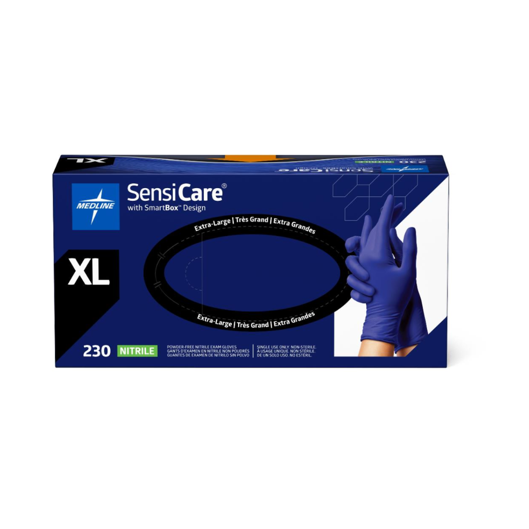 Box of Medline SensiCare Powder-Free Nitrile Exam Gloves, size XL, blue color, with an image of a hand wearing a glove. The box contains 230 gloves and displays Extra Large sizing and product details on the front.