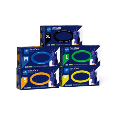 Four boxes of Medline SensiCare Powder-Free Nitrile Exam Gloves in sizes XS, S, M, L, and XL are stacked together, each box displaying a unique color and an image of a gloved hand holding a glove.