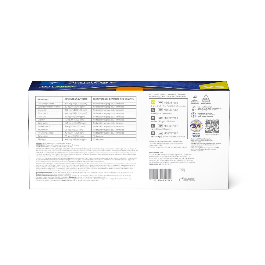 The back of a Medline SensiCare Powder-Free Nitrile Exam Gloves box features a nutritional facts-style information table, an ingredients list, barcodes, QR code, logos, and English text. The background is predominantly white with blue and yellow accents—mirroring the clean design style commonly associated with this product’s packaging.