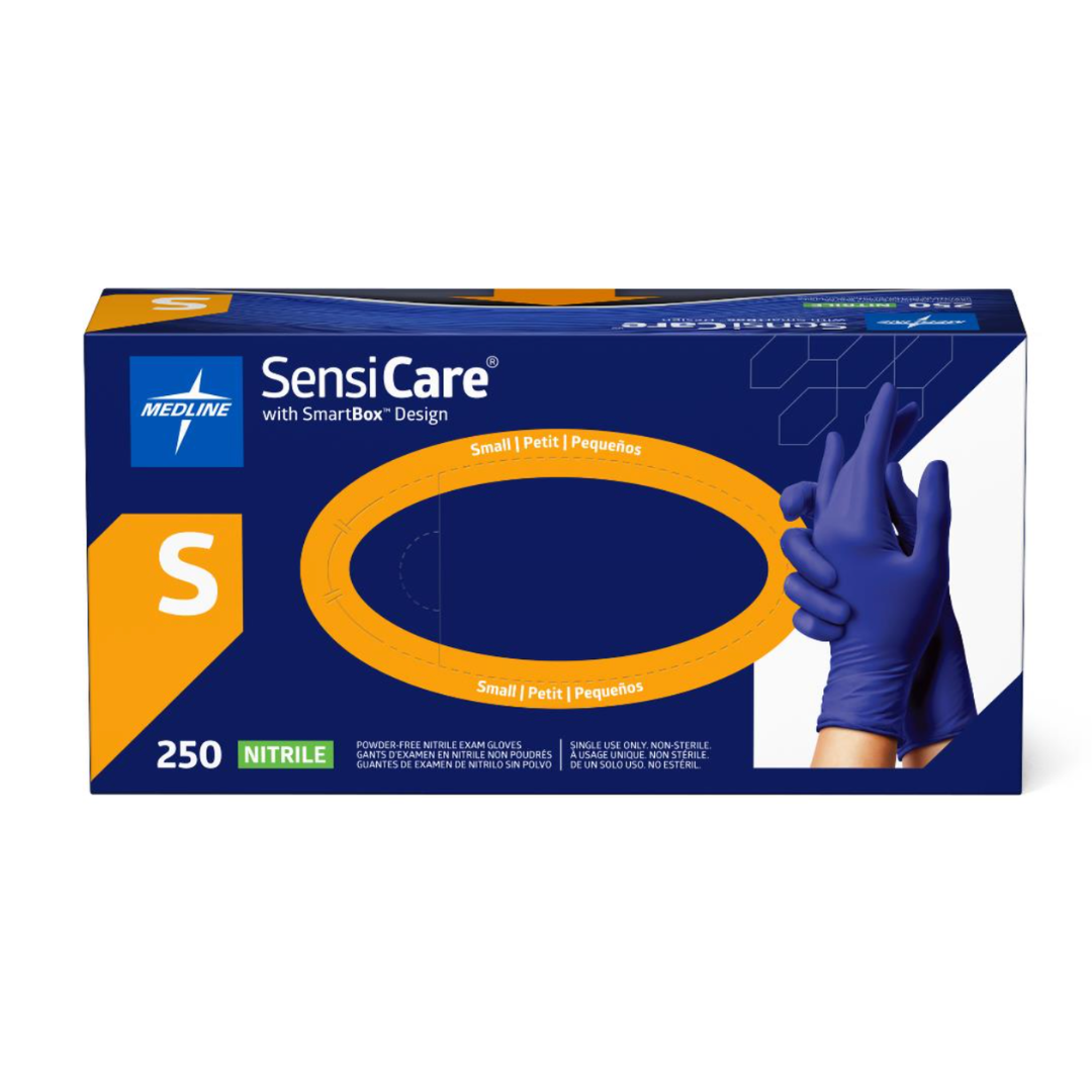 Medline SensiCare Powder-Free Nitrile Exam Gloves box for size small, displaying a hand donning a blue glove. The box contains 250 nitrile exam gloves and features a blue, orange, and white design highlighting product details.