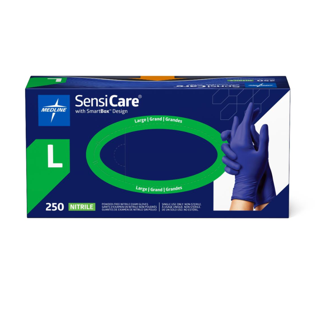Box of Medline SensiCare Powder-Free Nitrile Exam Gloves, size Large, featuring a photo of a hand wearing a blue glove. The box contains 250 nitrile exam gloves and highlights the convenient SmartBox design.