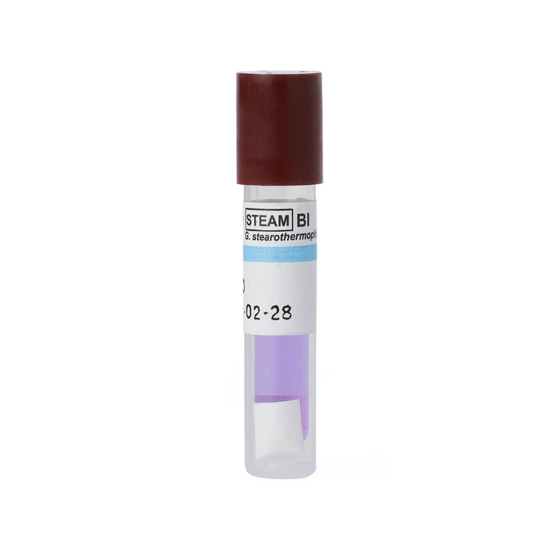 A small transparent vial with a brown cap holds a purple liquid and a white strip. The label reads "Medline Standard Biological Steam Indicator," "STEAM BI," plus additional numbers and letters.