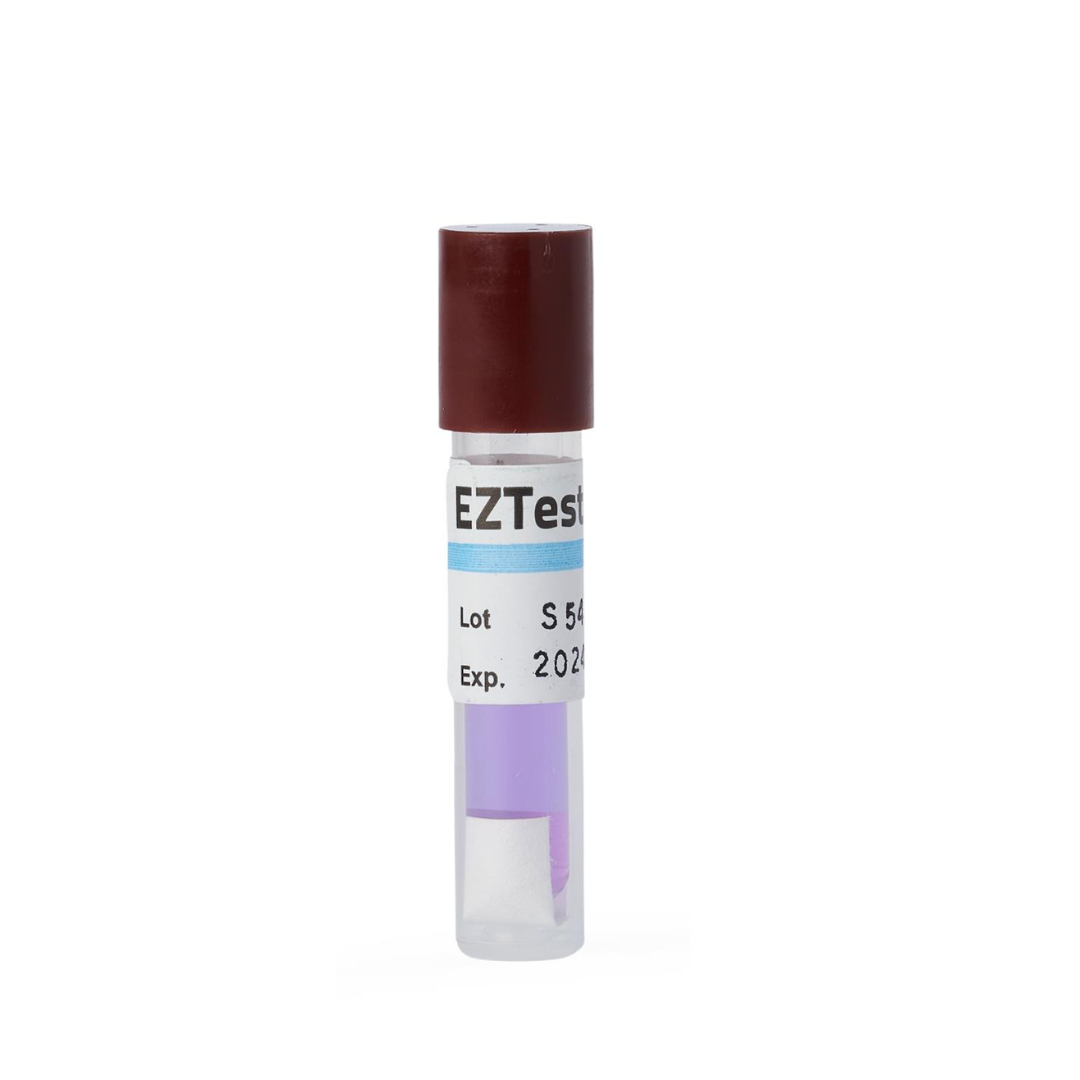 A Medline Standard Biological Steam Indicator is shown isolated on a white background. It is a small clear test tube with a maroon cap, blue and white label, and contains purple liquid.